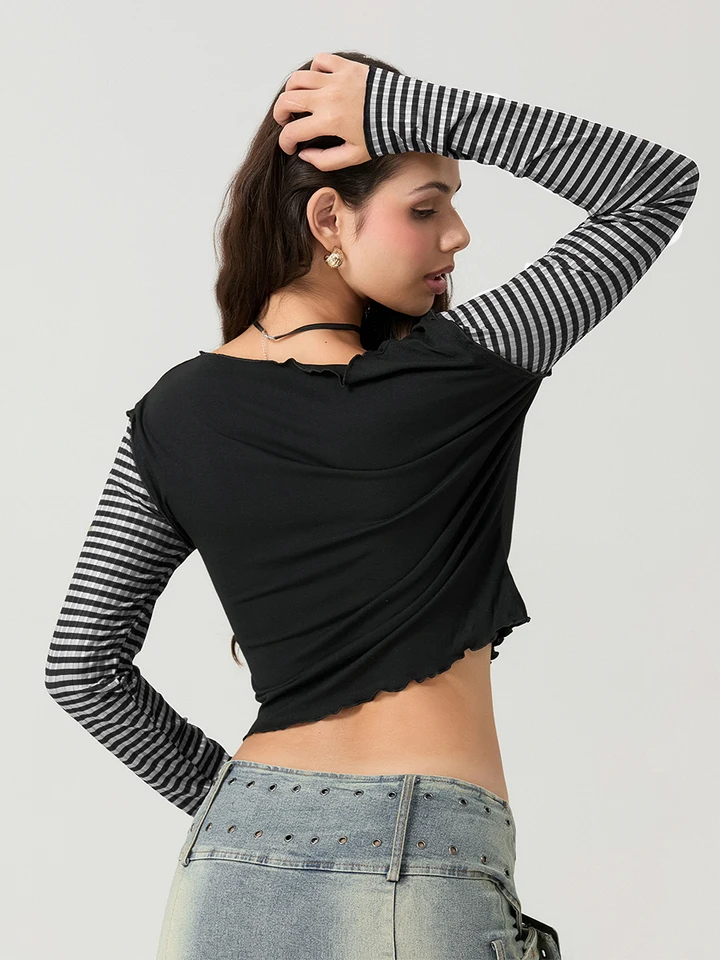 Women T-shirt Long Sleeve Crew Neck Star Stripe Star Graphic Slim