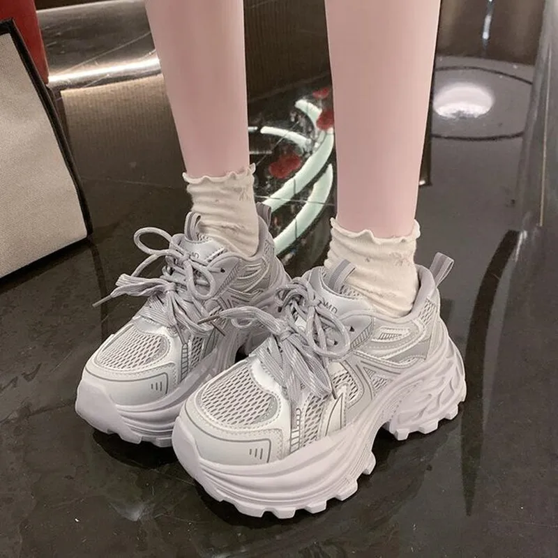 

New 8.5CM Mesh Microfiber Leather Casual Shoes 2026 Spring Women Chunky Sneakers High Platform Outdoor Sports Dad Shoes Woman