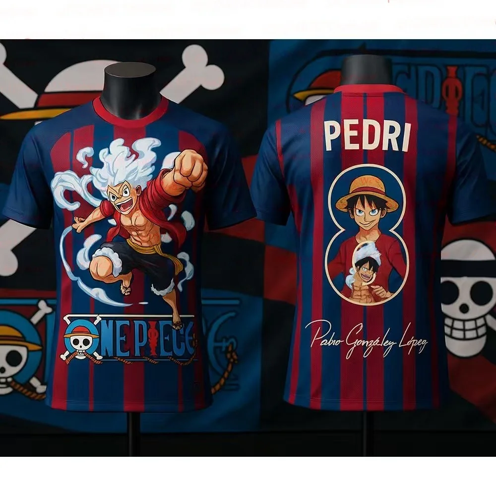Camiseta de Fútbol de Luffy de Five Gears de Bandai, Edición Especial del Fútbol del Barcelona, Camiseta de Fútbol Española, Holgada, de Secado Rápido, para Combinar en Familia