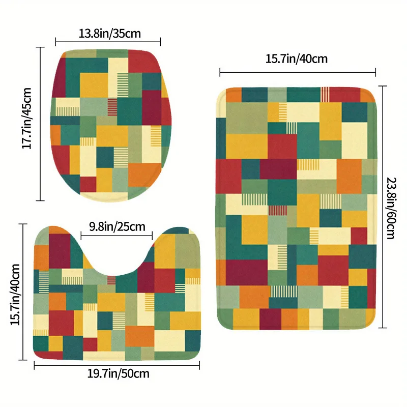 3 Piece Non Slip Absorbent Flannel Bath Mat Set Geometric Patchwork Toilet Rug Kitchen Bedroom Door Mat Washable Home Decor