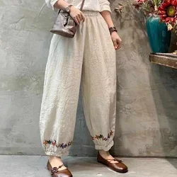 Casual Women's Clothing Loose Cotton Flax Trousers Ladies Vintage Elastic Waist Bloomers Spring Autumn Comfortable Solid Pants