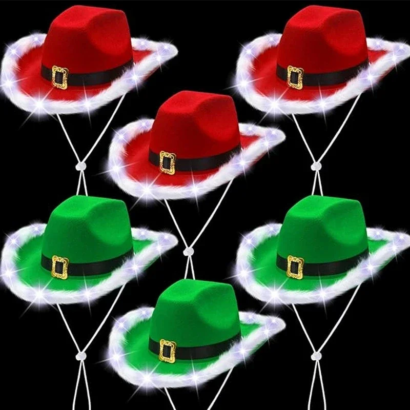 Fashion Santa Claus Party Christmas Luminous Cowboy Hat Western Red Felt Hats Wide Brim Cowgirl Hat Jazz Hat for Women Men