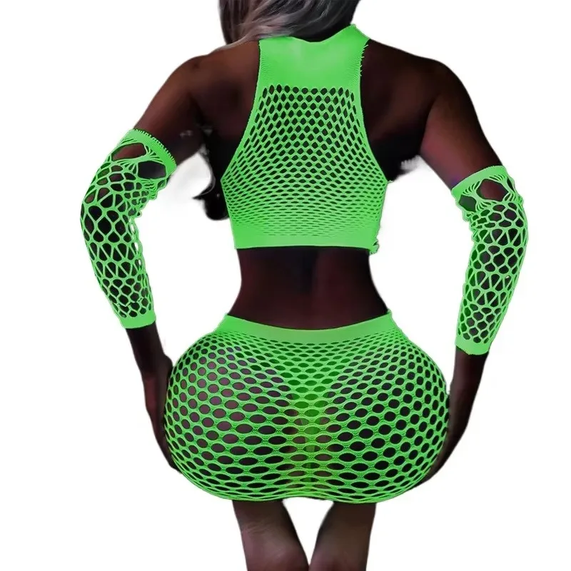 Conjunto de Duas Peças Transparente Feminino Sexy com Rede, Bodystockings Fluorescentes com Virilha Aberta, Roupas Sexuais Luminosas para Festa e Balada
