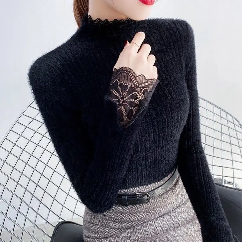 Elegant Half High Collar Knitted Spliced All-match Lace Sweaters Women\'s Clothing 2022 Autumn New Casual Pullovers Korean Tops