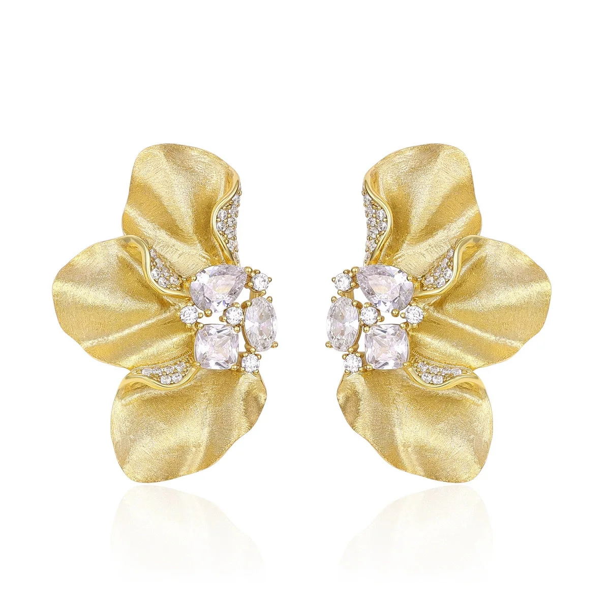 

016441 Vintage lotus leaf fun cubic zircon stud earrings women's punk exaggerated 18k gold-plated crystal earrings jewelry