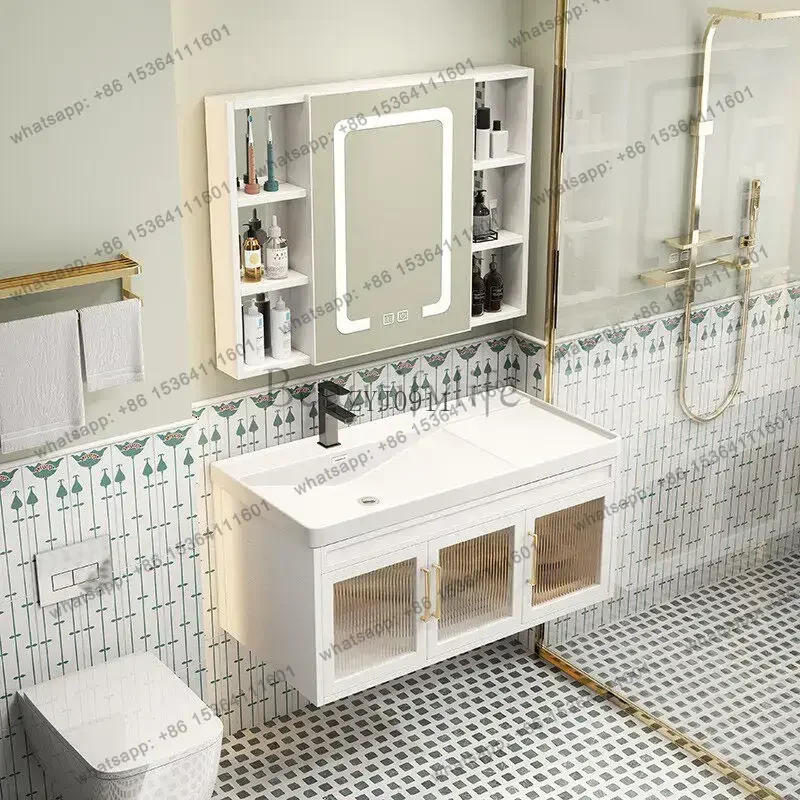 

yj57 Light luxury wall-mounted hanging space aluminum bathroom cabinet combination washing ceramic integrated basin cabinet