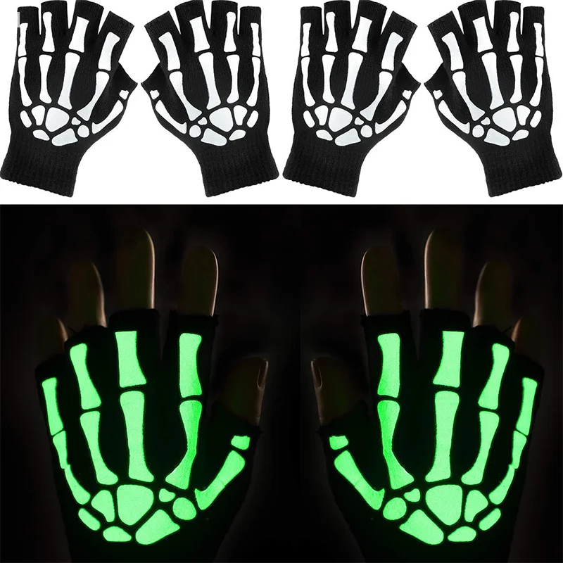 Unisex Winter-Fäustlinge, modische, schreckliche Halloween-Halbhandschuhe mit Totenkopf-Knochen-Skelett