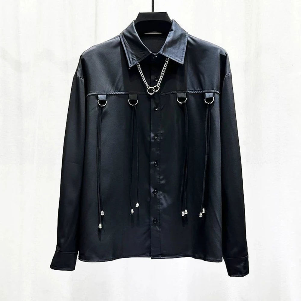 

Mens Shirt Ribbon Tassel Shirt Spring Streetwear Niche Personality Casual Youth Trend Funny Long-Sleeve Top Men'S Clothing 2025
