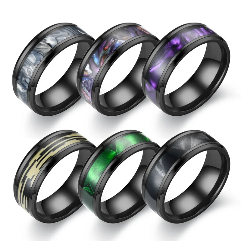 

Hot Selling New Stainless Steel Black Elegant Colorful Purple Colorful Shell Ring For Women Men Jewelry Wholesale Size 6-13 ﻿