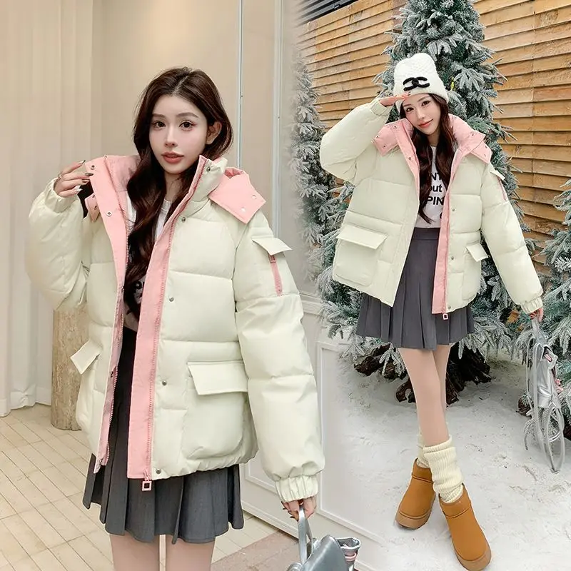 Female Contrast Color Big Pocket Loose Hooded Short Coat Student Bread Cotton Clothes Winter Thick Warm Parka Jacket