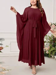 Plus Size Spring Round Neck Batwing Sleeve Solid Color Long Dress for Women Pleated Belted Fashionable Mid-Calf Slim Fit Dress