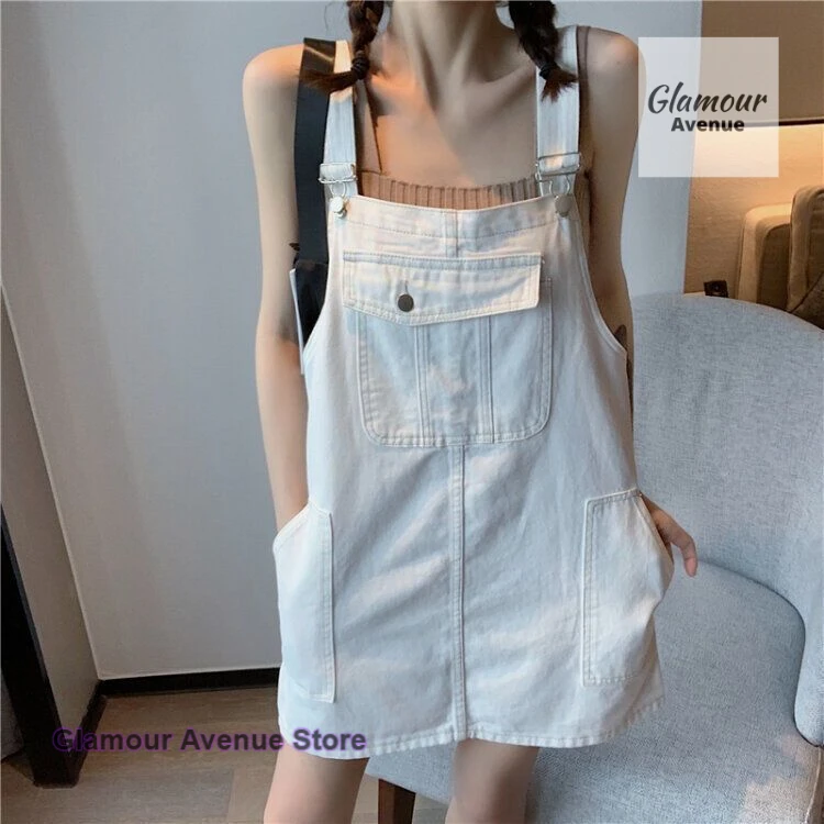

Korean style temperament denim strap short skirt women's summer new loose slim belly cover casual Joker fashion A-word dress