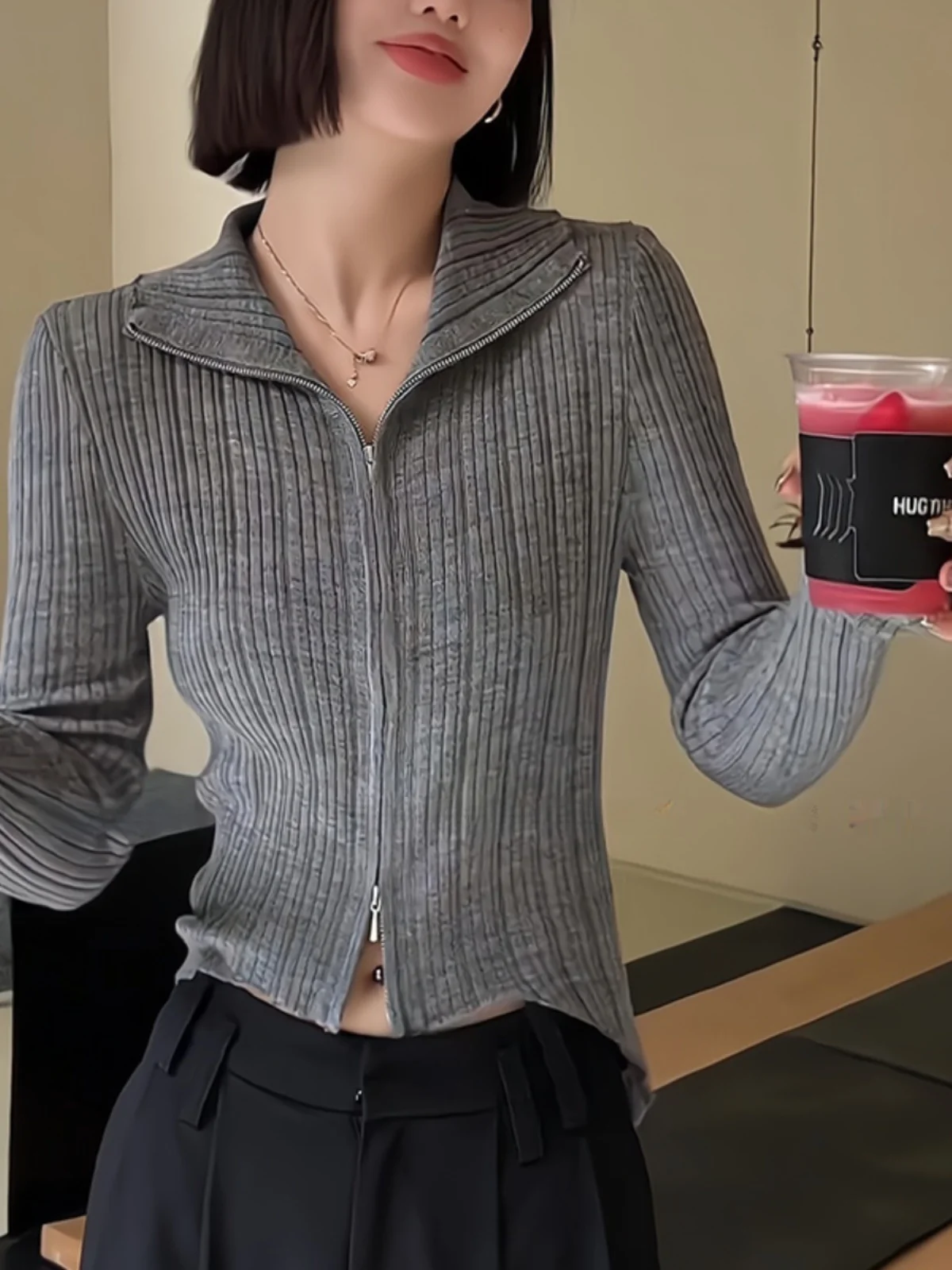 

Корейский женский топ Gtuq с молнией, облегающий, с длинным рукавом, модный, универсальный, весенне-осенний, стильный, больших размеров, трикотажный