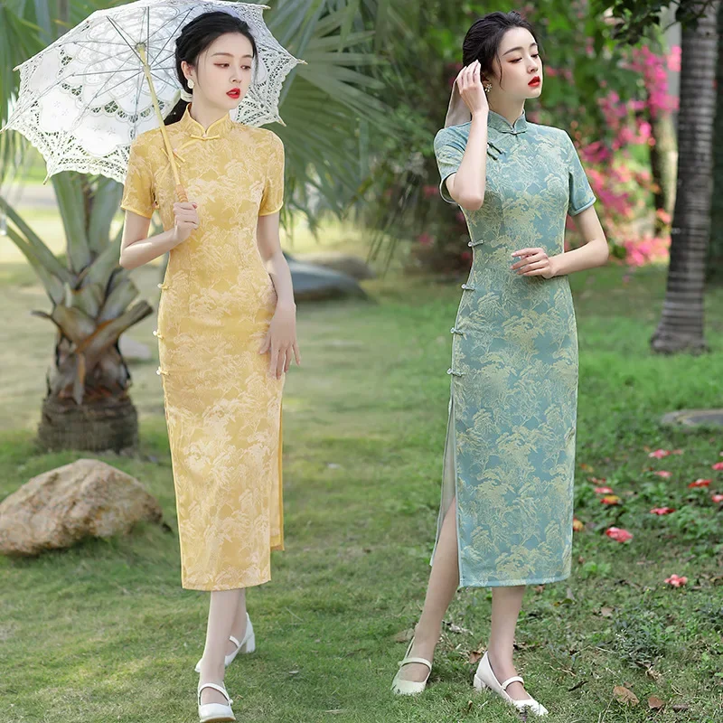 Yourqipao Long Double-layer Cheongsam Young Improved Temperament Jacquard Chinese Dress Qipao Traditional Clothing for Women