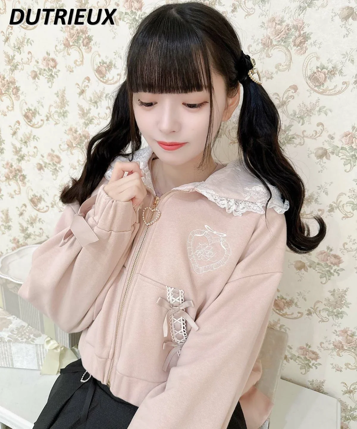 Japanese Lolita Frilly Bow Hooded Sweatshirt Jacket Mine Series Mass Production Series Sweet and Cute Girls Versatile Short Coat