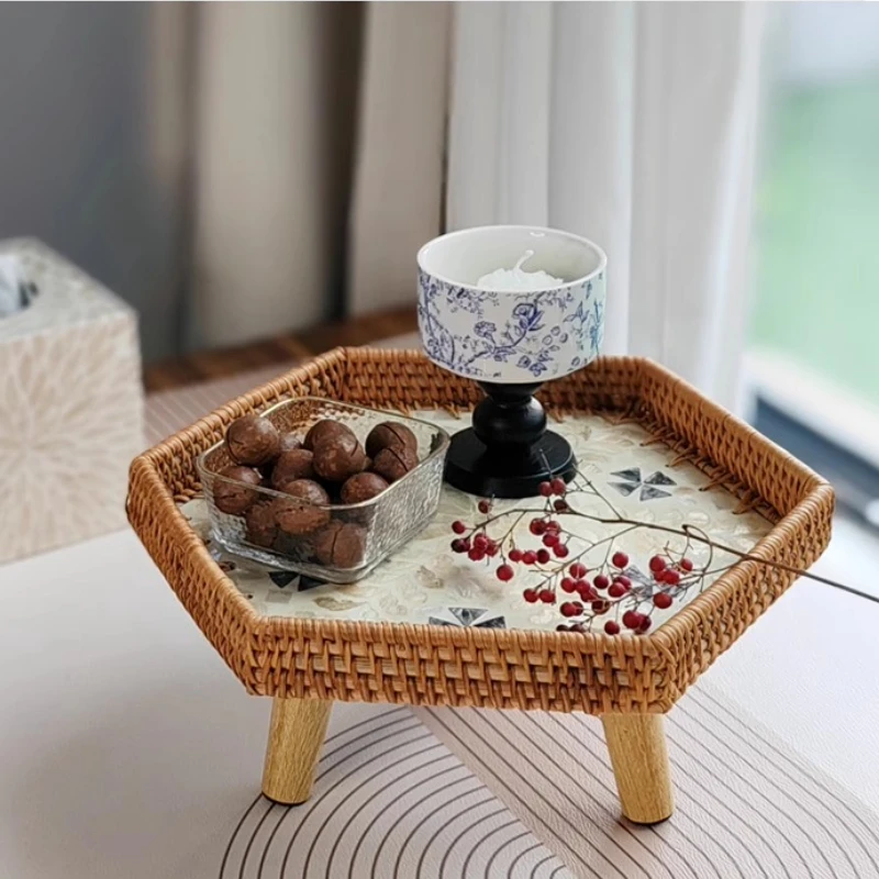 Hexagon Floor Table with Storage Tray Japanese Tatami Style Ottoman Tea Table Living Room Low Table for Window Seat/ Bedroom