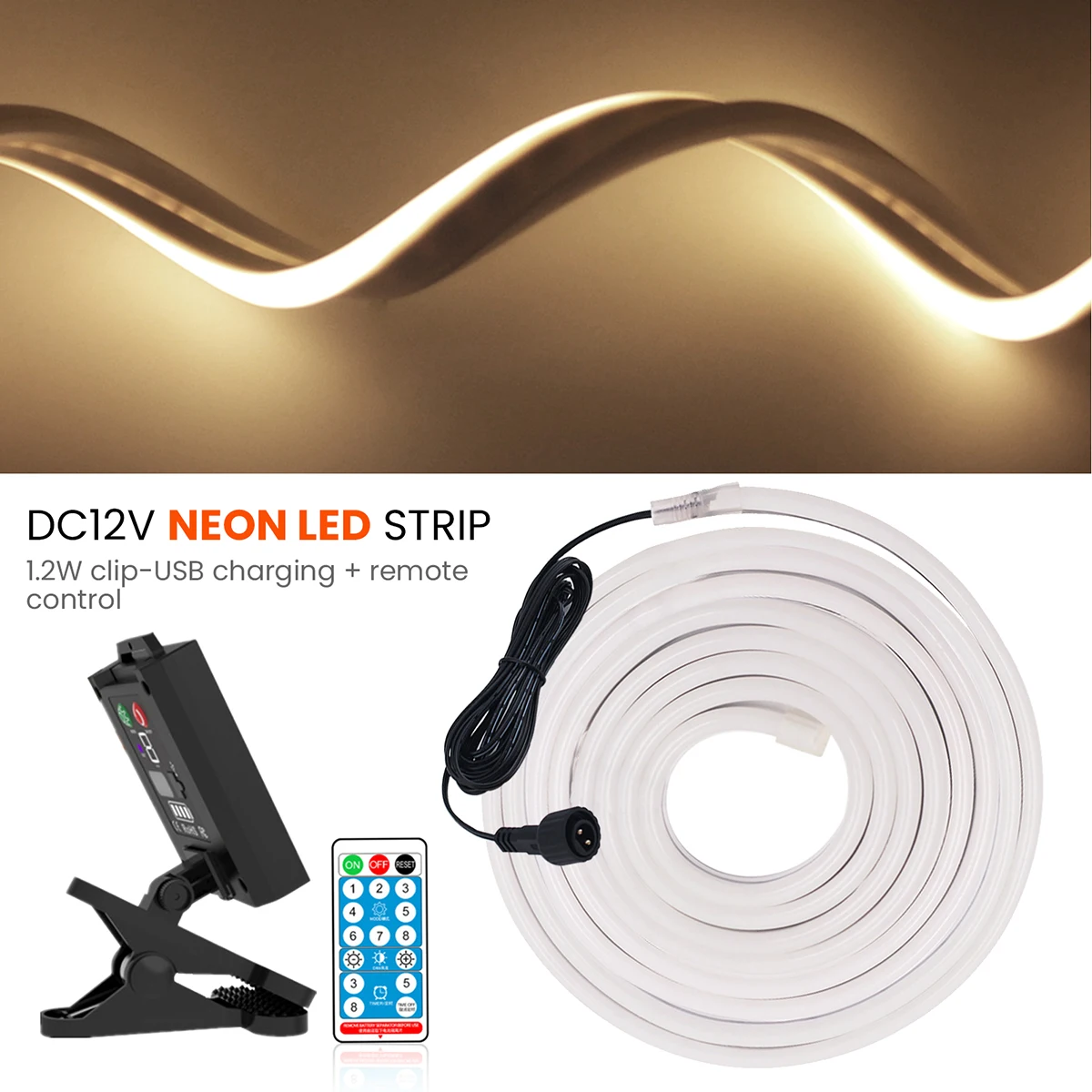 Dimmable Solar 2835 LED Neon Strip Light Remote 120LEDs/m Warm White Waterproof Flexible Home Outdoor Garden High Density Linear