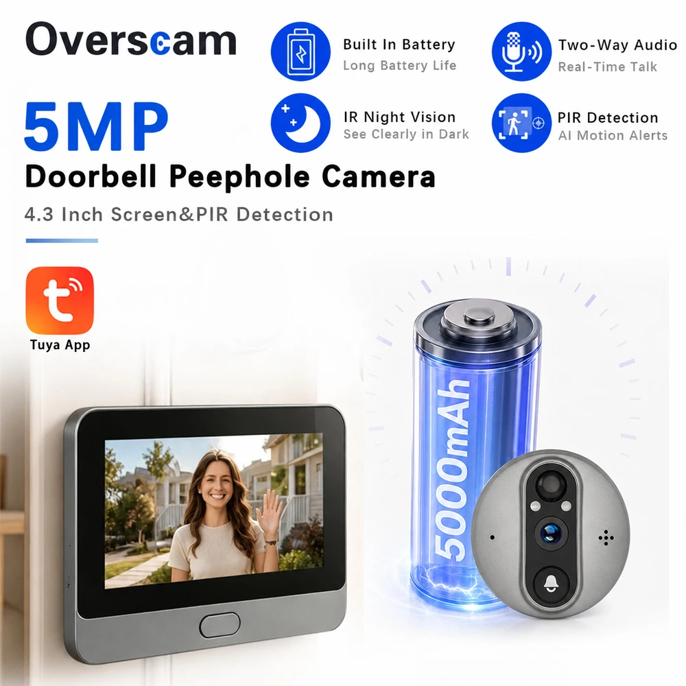 5MP Wireless Peephole Camera Apartment Door 4.3Inch Monitor Smart Video Doorbell Tuya PIR Detection 5000mAh Battery Night Vision