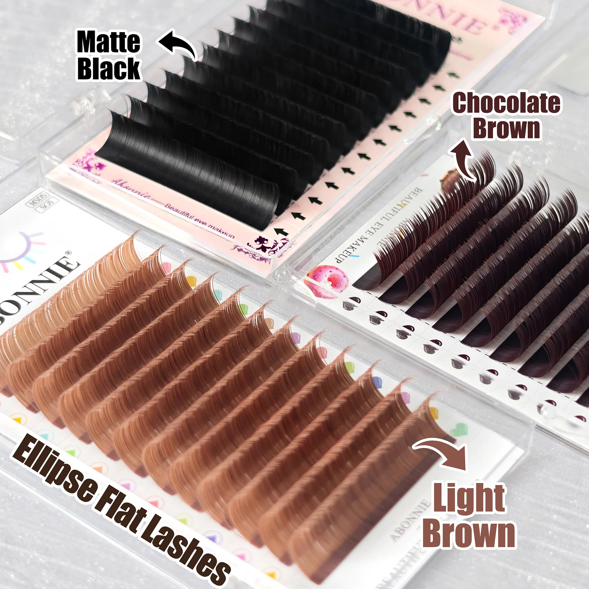 ABONNE Chocolate Brown Ellipse Flat Eyelash Extensions 0.15 0.20 Split Tips False Eyelashes Natural Soft Flat Lashes