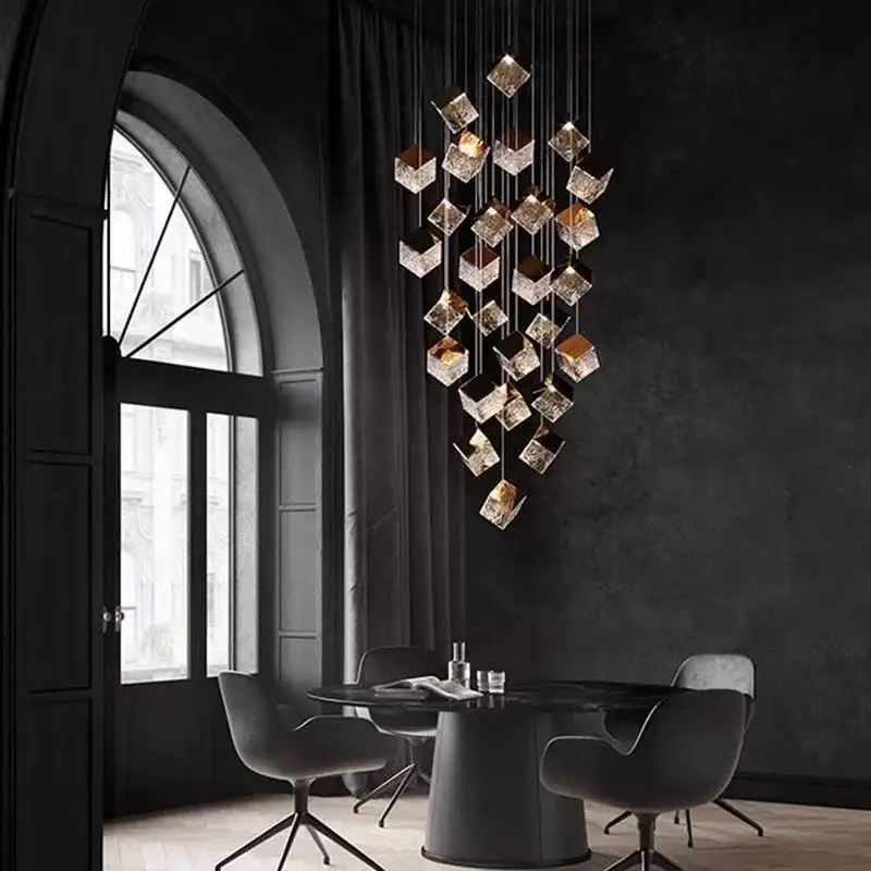 

New Modern Fishing Line Pendant Lamp Adjustable Three Color Dimmable Handmade Glass Square Ceiling Light Restaurant