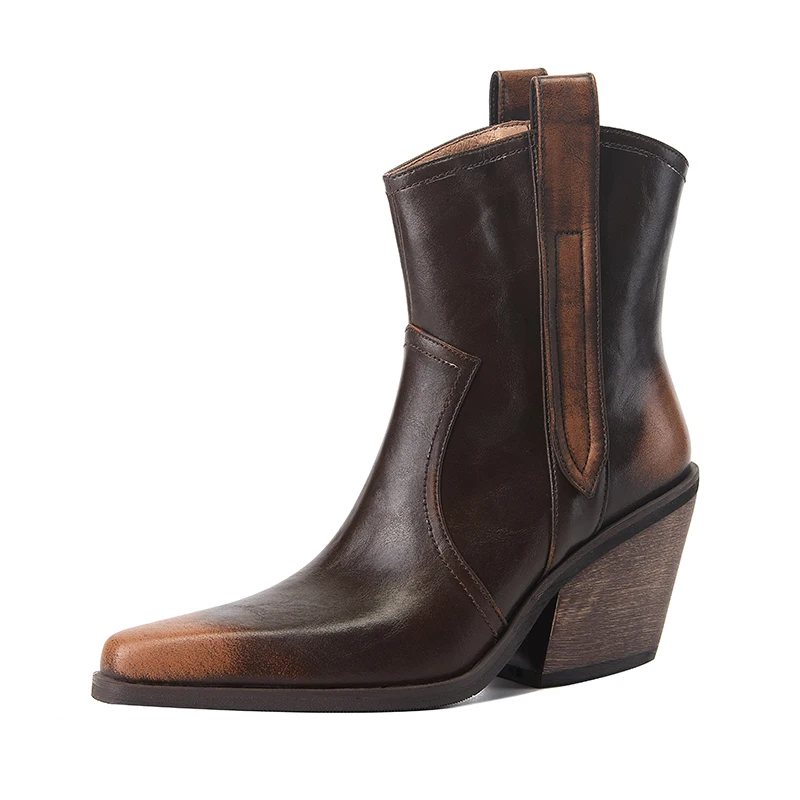 

Genuine Leather Western Cowgirl Booties Ankle Boots,Retro Women Boots,Knight Boots,Modern Boots,Chunky Punk Boots