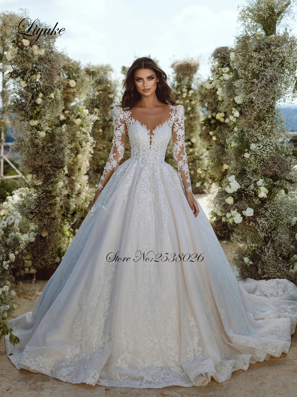 Liyuke Elegant V-Neck Ball Gown Wedding Dress Beading Pearls Embroidery Lace Full Sleeves Vestido De Noiva