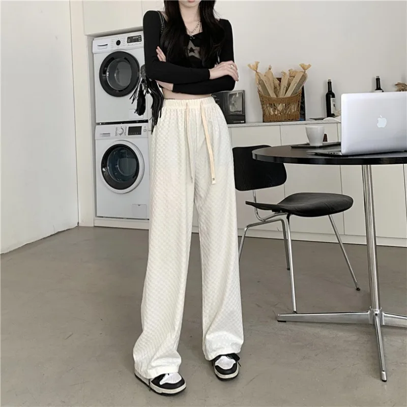 Women's Ice Silk Cotton Checkerboard Wide Leg Pants High Waist Loose Casual Drape Trousers