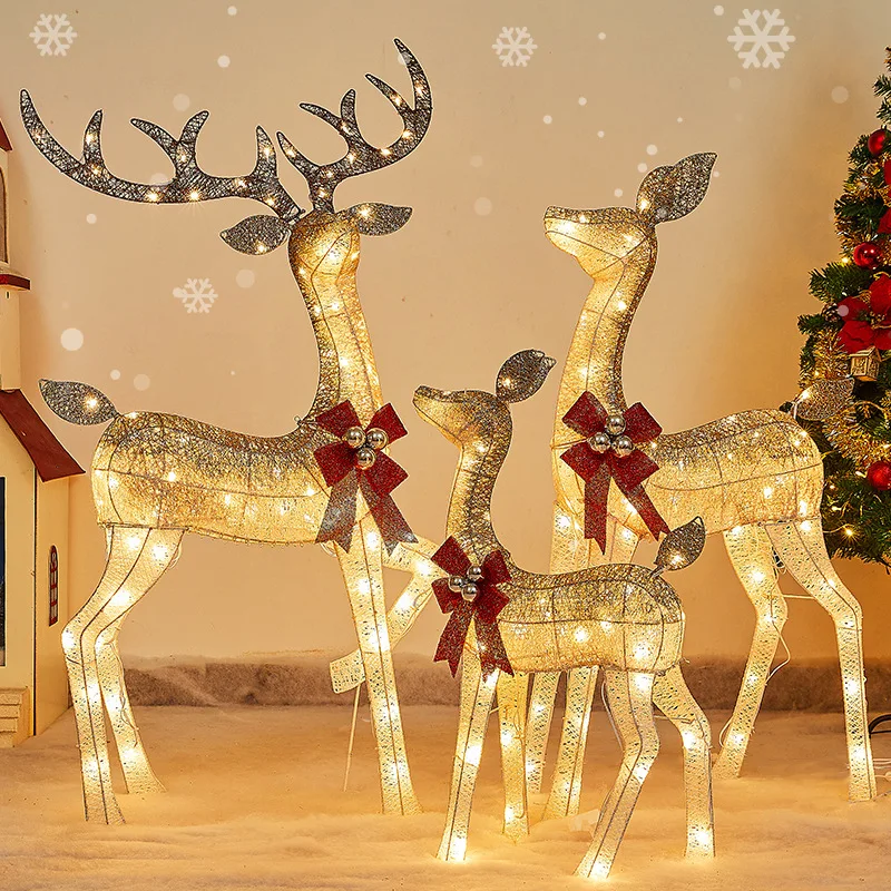 

Cross-border elk ornament Christmas deer ornament set Hotel shopping mall window luminous wrought iron deer pull car ornament