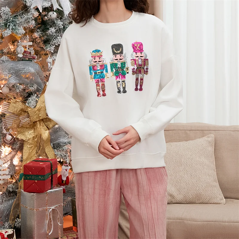 Women Y2k Nutcracker Sequin Christmas Sweatshirt Sparkly Cartoon Crew Neck Long Sleeve Pullover Tops Casual Streetwear