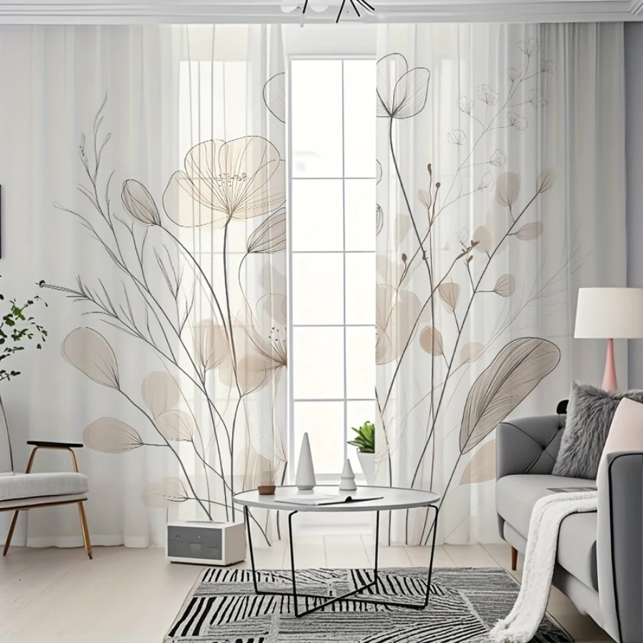 2PCS Digital Printed Sheer Curtain, Light Sketch Bloom Flowers, Soft Watercolor Floral for Living Room Bedroom Home Decor