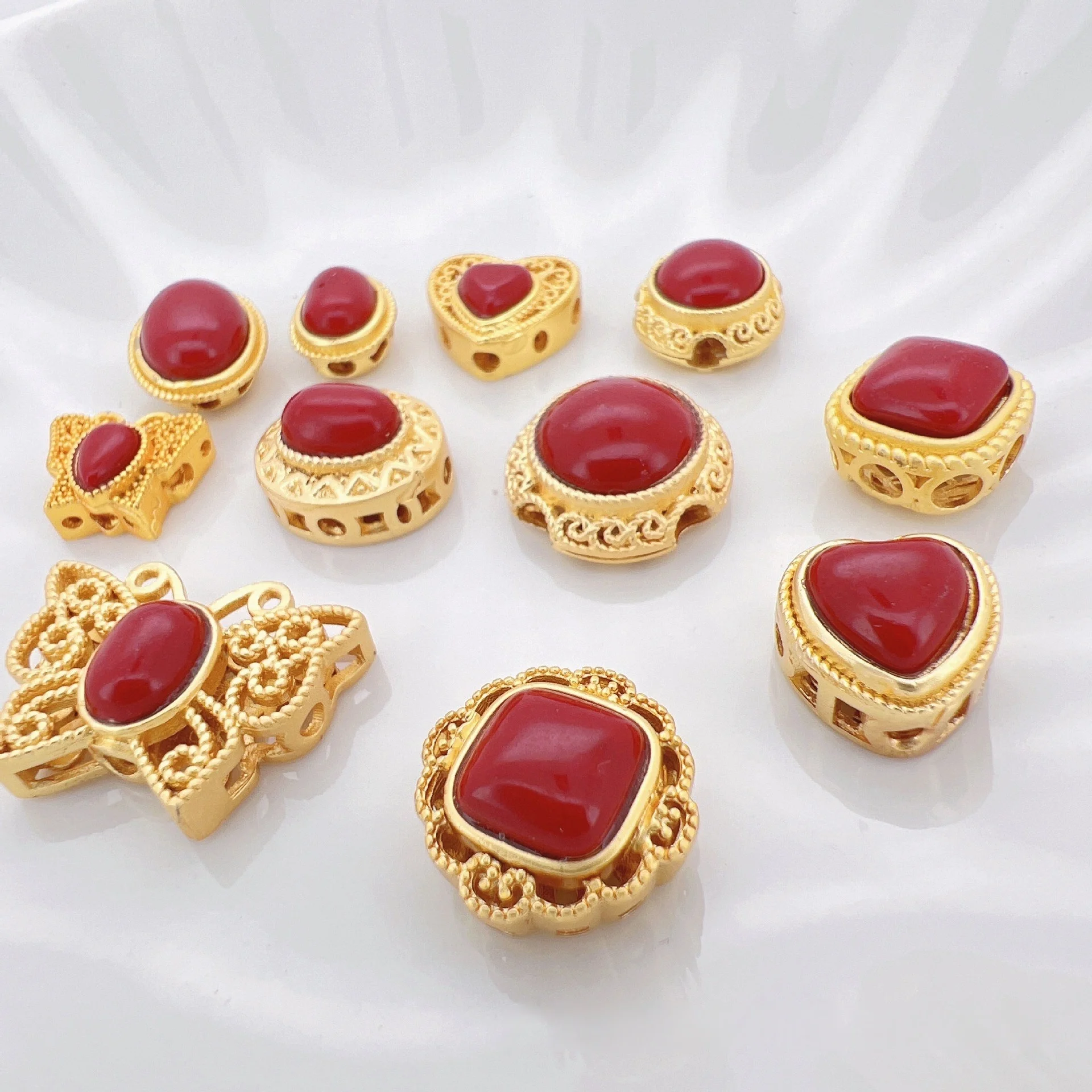 7pcs/lot Copper Gold Plated Red Zircon Vintage Jewelry Making Spacer Beads Handmade DIY Bracelet Necklace Making Accessories