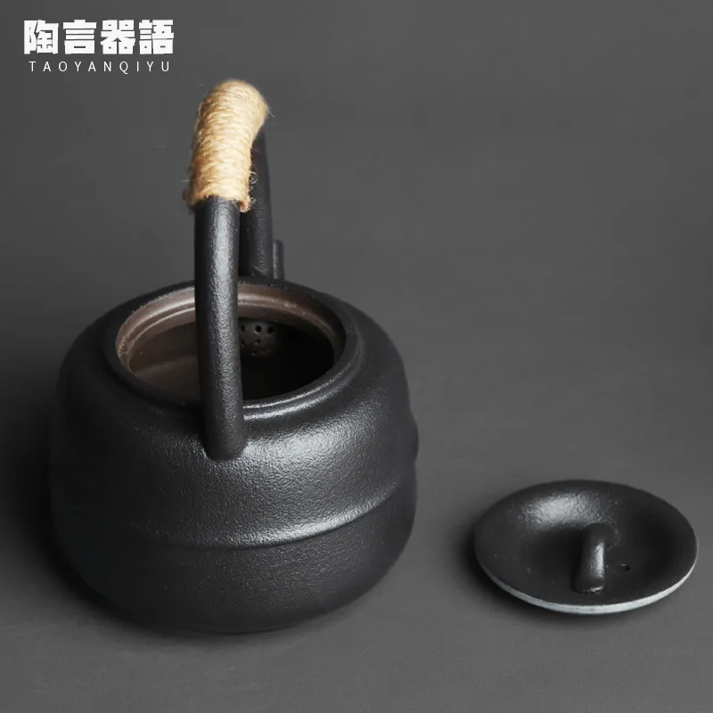 460ml Japanese-style Kiln Changed Retro Stoneware Large-Sized Handle Teapot Handmade Pottery Kung Fu Wide-Mouth Warm Tea