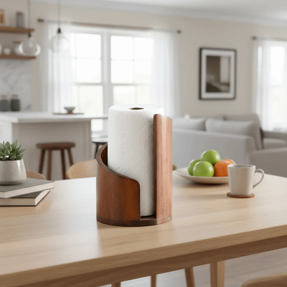 Large Capacity Wooden Paper Towel Holder Freestanding Base Ornament Storage Freestanding Paper Roll Holder Wooden