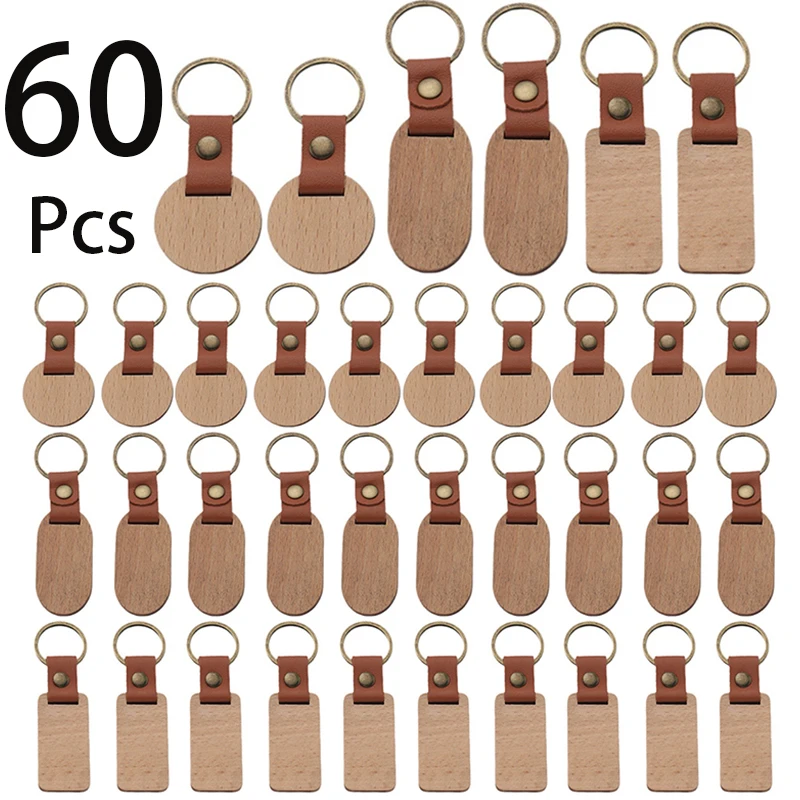 

60Pcs Blank PU Wooden Keychains Retro Key Chain Beech Pendant Keyrings