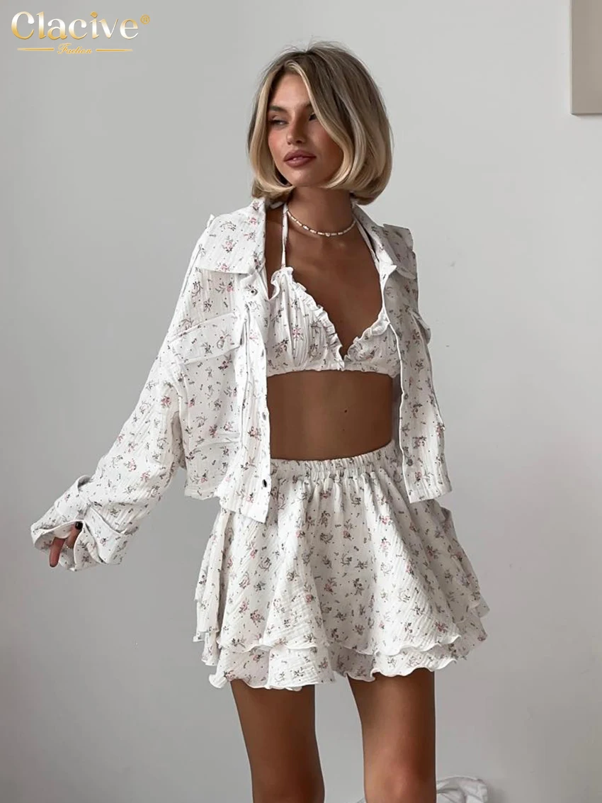 

Clacive Fashion Loose Print Shorts Sets For Women 2 Piece 2024 Elegant Long Sleeve Shirt + Bra With High Waist Shorts Set Female