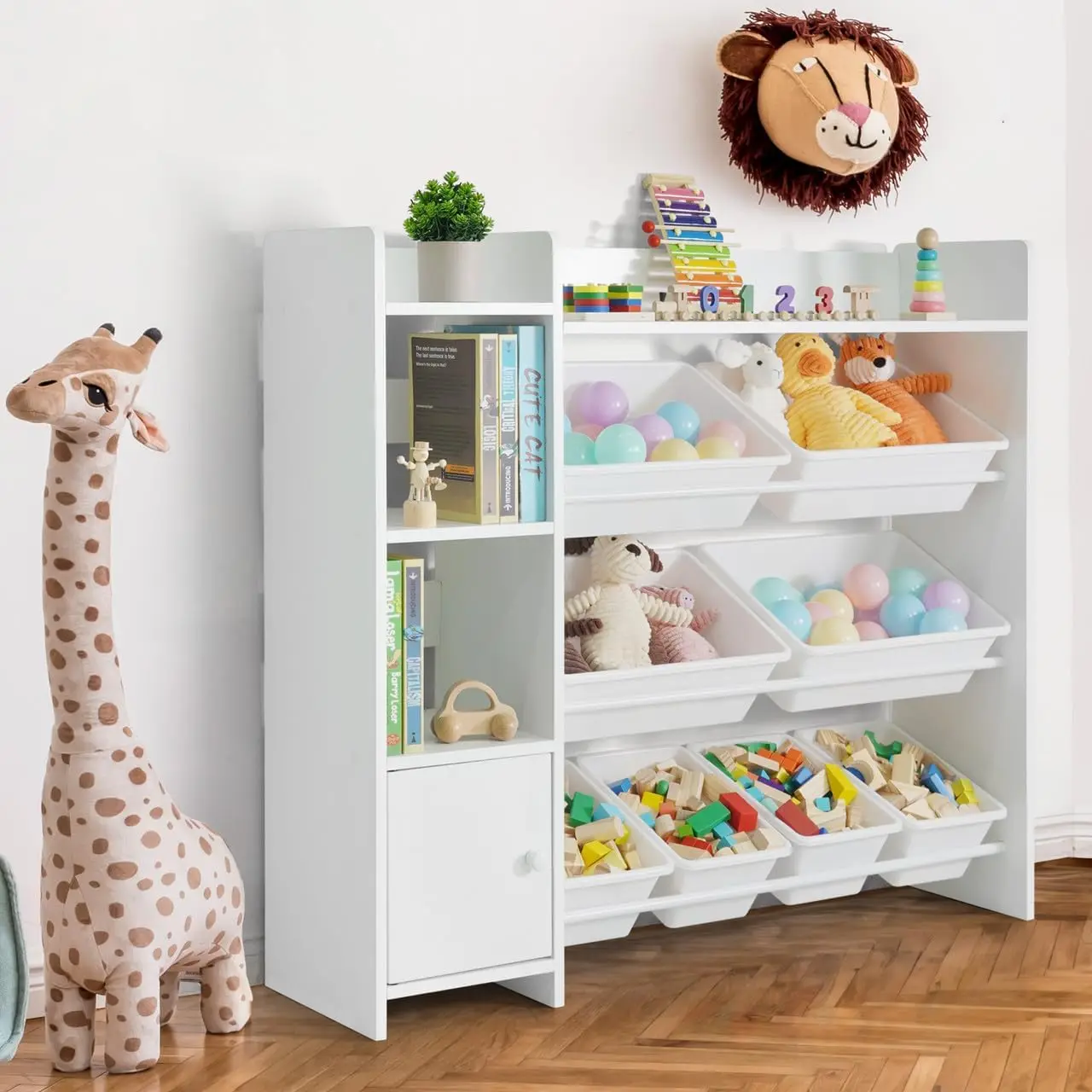 

Toy Organizer with 8 White Plastic Bins, Storage Cabinet for Messy Items or Books, Perfect Toy Storage Solution, for Tod