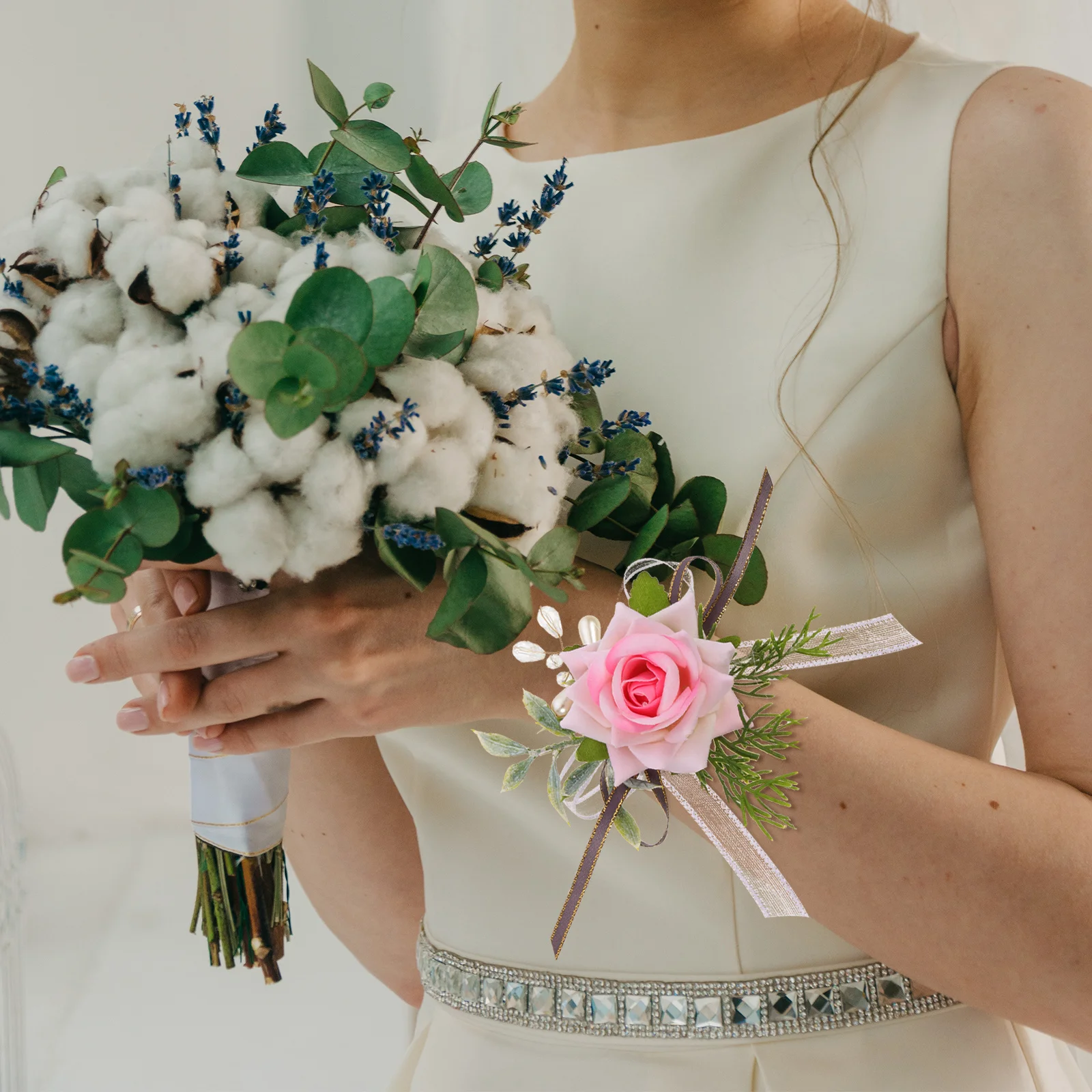 

Artificial Flower Pearl Wrist Corsage Bracelet Dazzling Bridal Wedding Bridesmaid Decor Adjustable Size Corsage Bracelet
