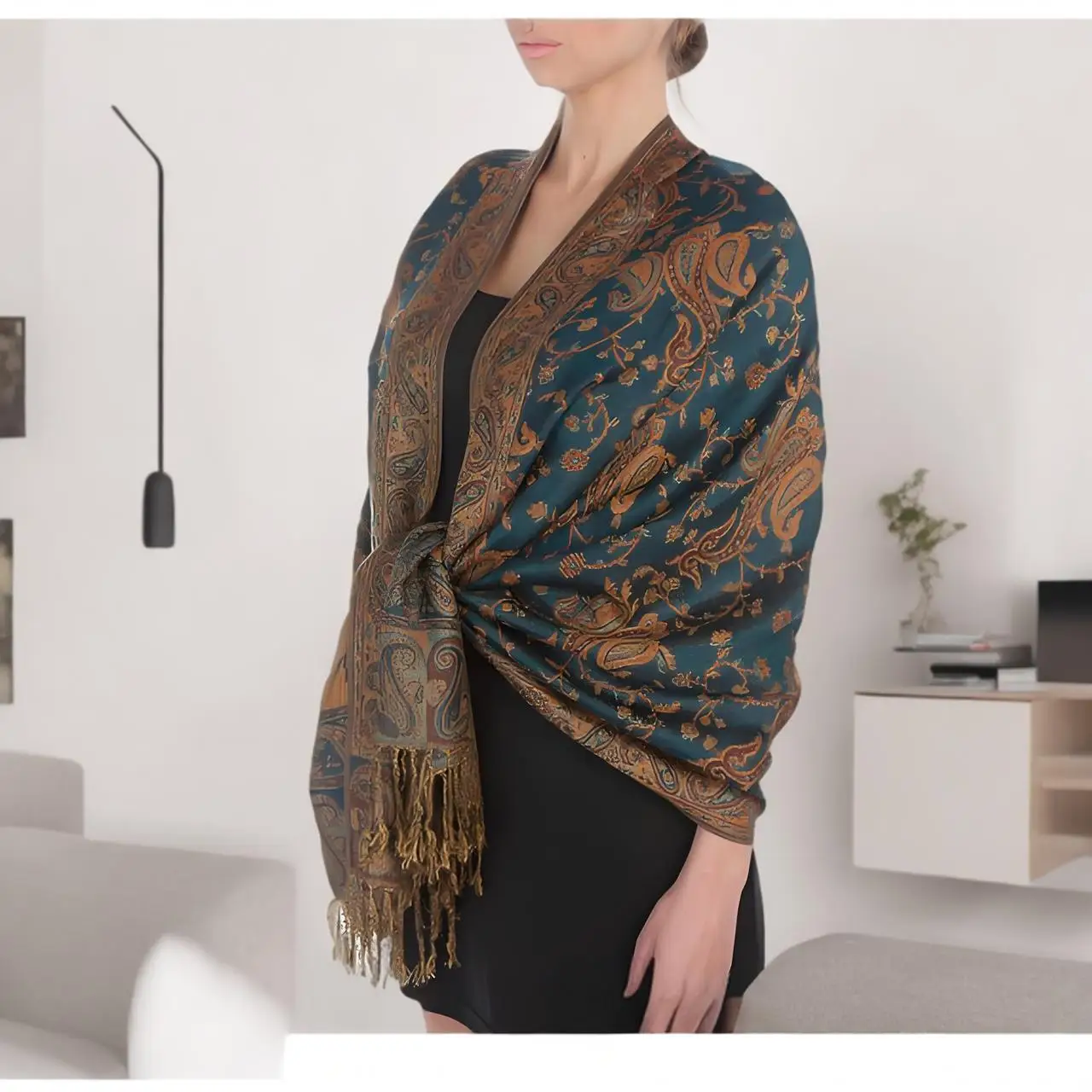 

Classic Ethnic Style Trendy Cashmere Print Tassel Flared Scarf Women's Chinese Wind Embroidery Wrap for Elegant Outings