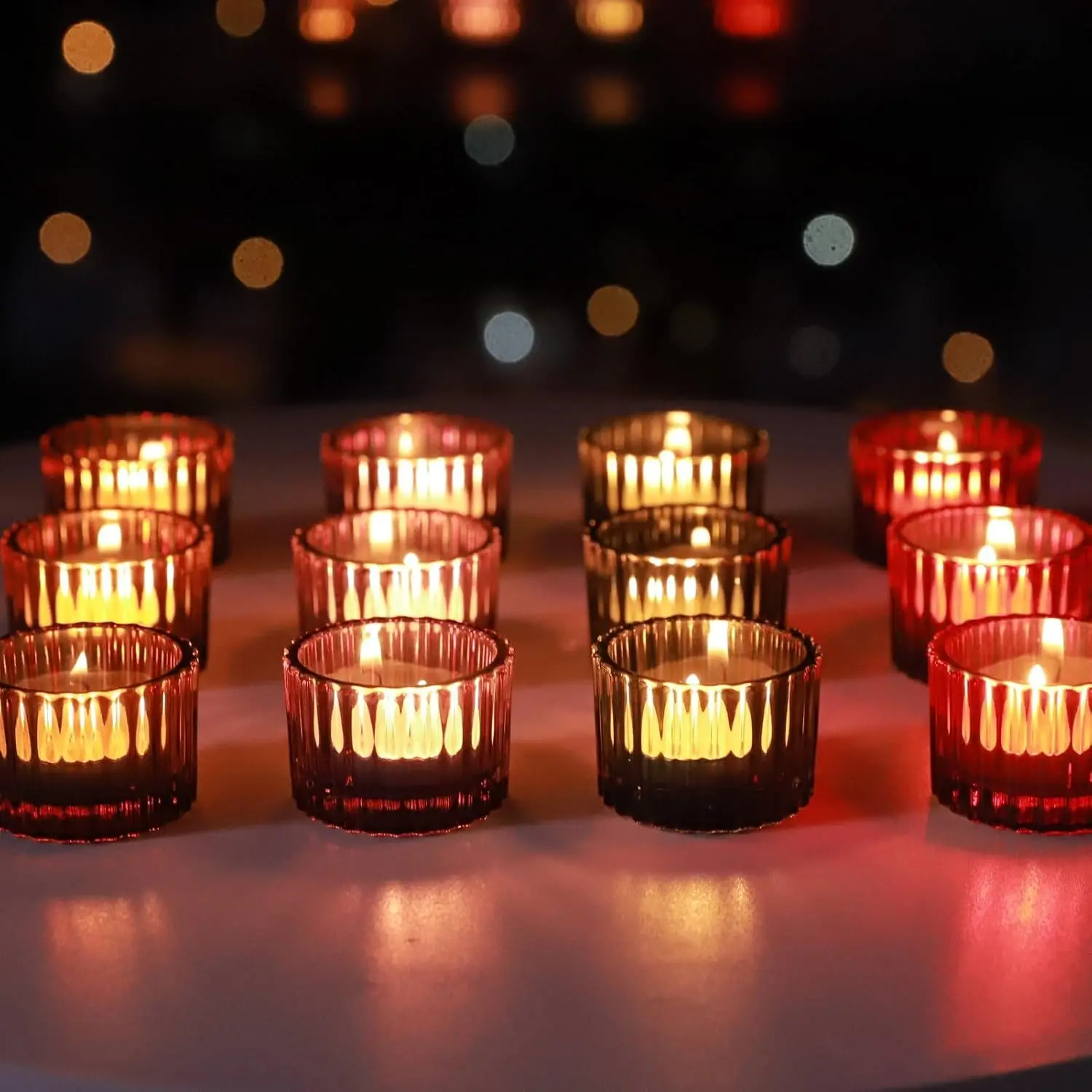 Tealight Candle Holder Fall Decor Set of 12, Votive Candle Holders for Table Centerpiece, Ribbed Tea Light Candle Holder Glass