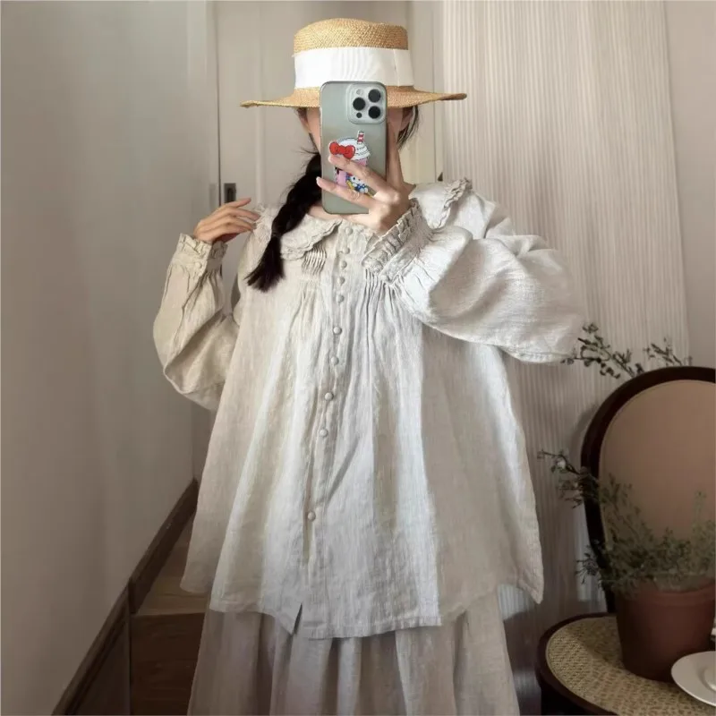 

Новая весенняя женская повседневная рубашка Johnature с длинными рукавами и воротником-стойкой, однотонная, свободного кроя