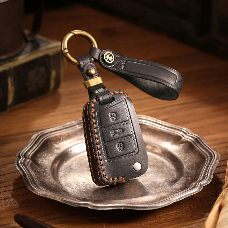 Genuine Leather Car Key Case Cover Chain Shell Protector Fob Holder for Volkswagen Magotan Lavida Foldable Key Hot Selling