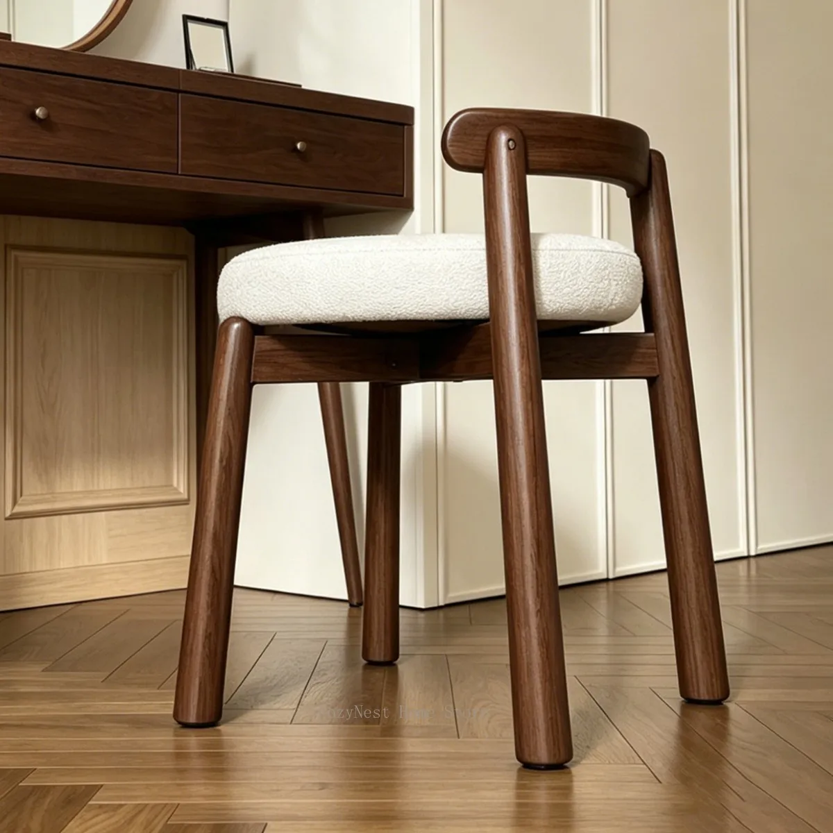 Luxury Solid Wood Swivel Makeup Stool, Round Low Dressing Seat for Vanity Table, Closet & Bedroom Chair