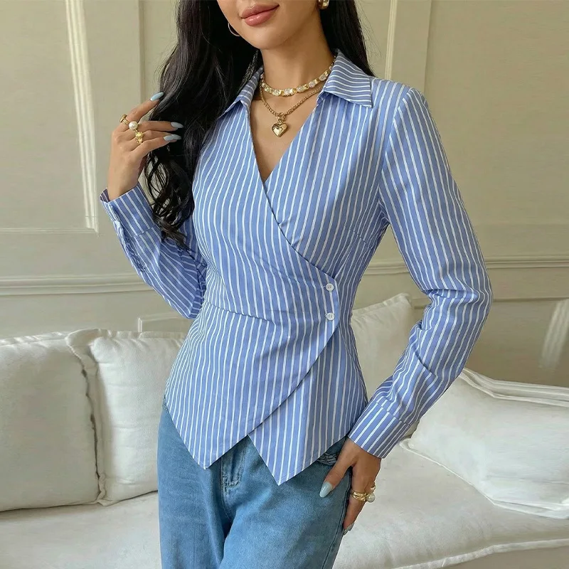 Women's Temperament Striped Shirt 2026 Autumn New European and American Style Long-sleeved Shirt Cardigan Irregular