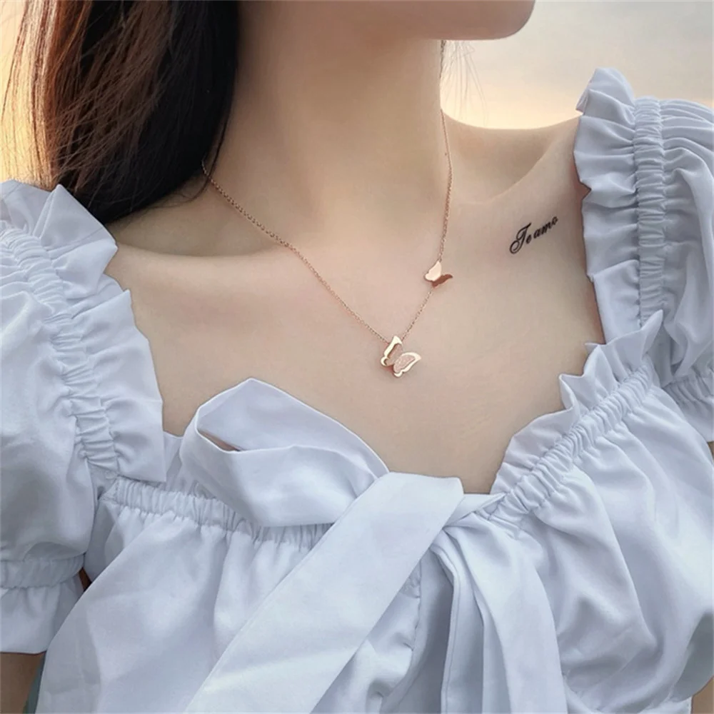 New Cute Butterfly Charm Pendant For Women Rose Gold Color Stainless Steel Animal Choker Necklace Female Jewelry Christmas Gift