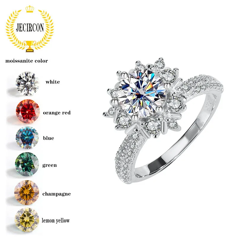 

JECIRCON 925 Sterling Silver Moissanite Ring for Women Snowflower Bouquet 1 Carat Colorful Diamond Wedding Band Gift Jewelry