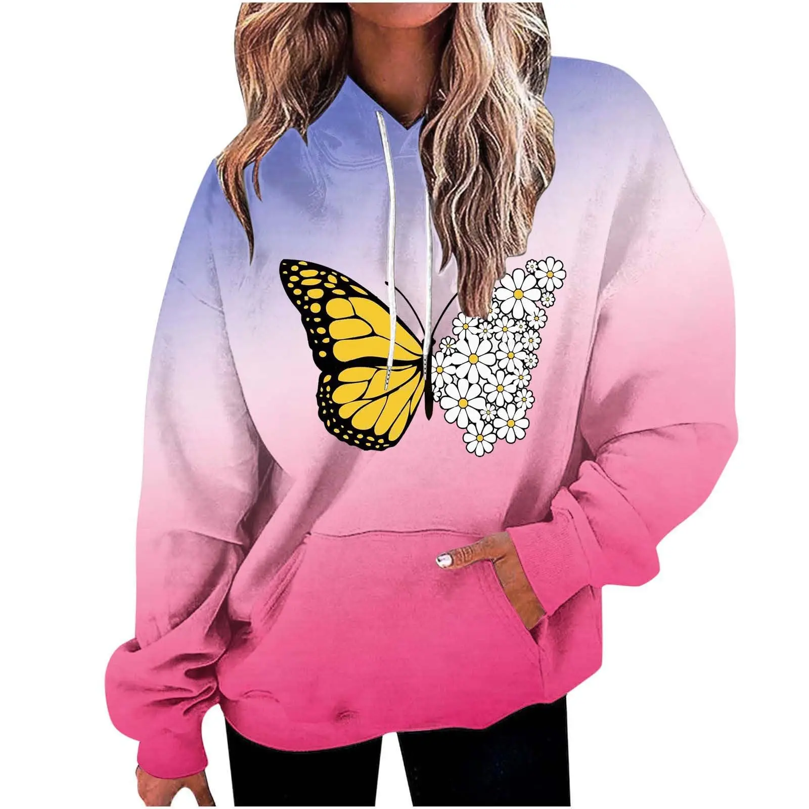 Women's 3D Gradient Butterfly Print Long Sleeve Loose Hooded Sweatshirt 2024 New Simple Ladies Casual Long Sleeve Pullover