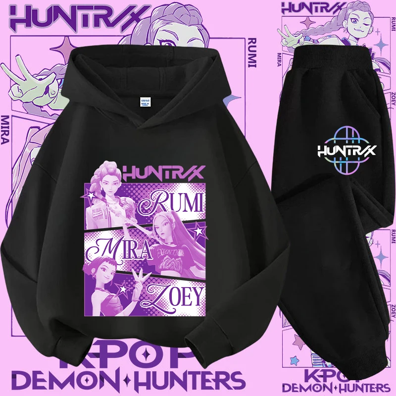 

Cute Girls' Casual Top for Kids, Boys' Sports Shirt with Cartoon Print 2- Piece Set K-pop Demon Hunter New Children's Hoodie Set