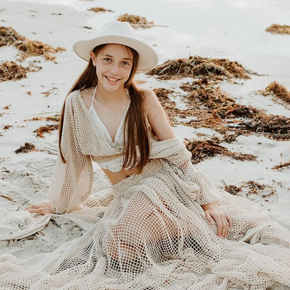 بوهو الأمومة التصوير فستان قطعتين الكروشيه متماسكة ماكسي الحمل ثوب فلوي شاطئ استحمام الطفل الزي الأمومة تبادل لاطلاق النار ارتداء