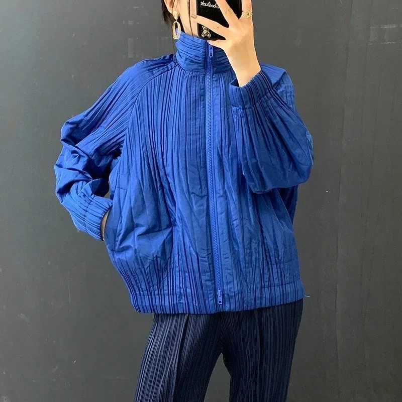Miyake 2026 Thick Zipper Puffer Coats Versatile Stand Collar Clothing Pleated Spring Women's Cotton Jacket Fashion