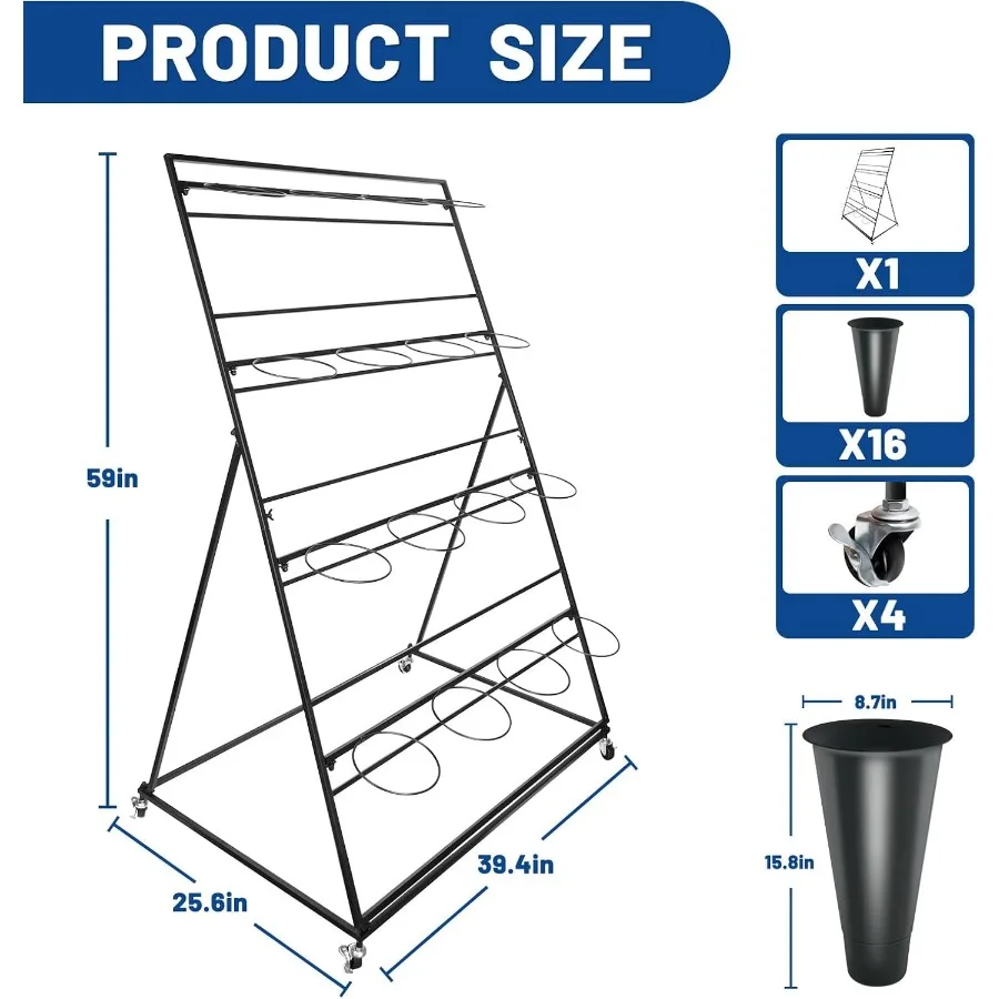 حامل عرض لعربة الزهور مكون من 4 طبقات مع عجلات و16 دلاء مستديرة لسوق المزارعين وعرض النباتات الخارجية والمقهى والحديقة ديكو